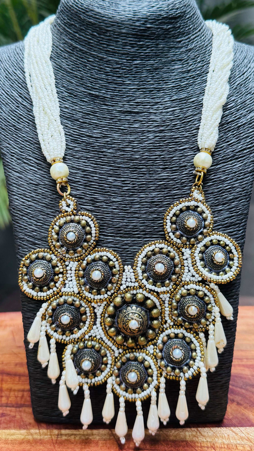 Statement Necklace and Long Earring Set with White & Bronze Beads - Occean By Soumali