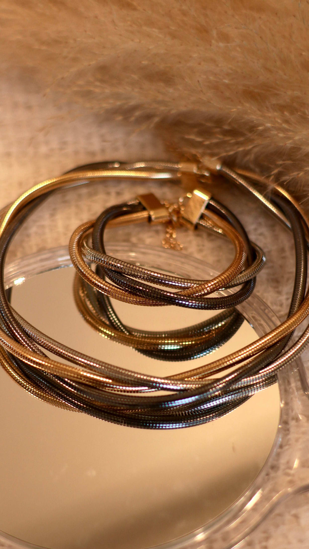 Stylish Gold, Silver & Gunmetal Braided Necklace and Bracelet - Set of 2 - Occean By Soumali