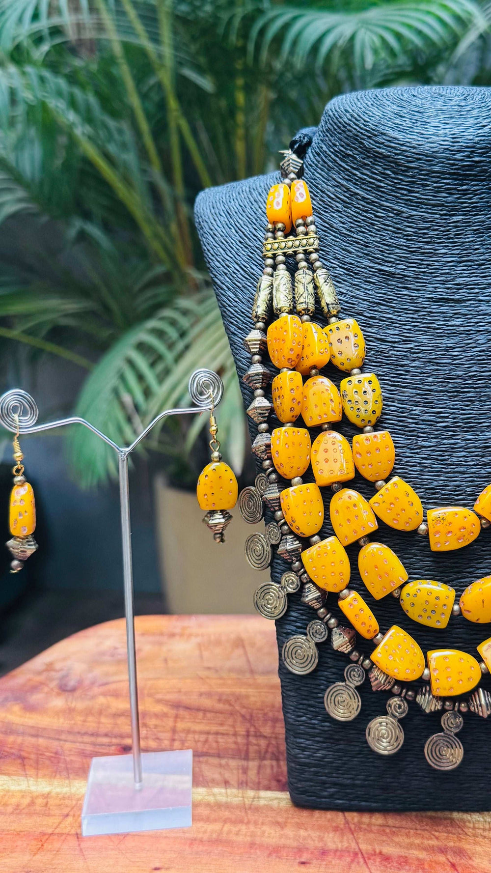 Tribal Chunky Yellow Beaded Necklace with Silver Accents and Matching Earrings - Occean By Soumali