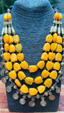 Tribal Chunky Yellow Beaded Necklace with Silver Accents and Matching Earrings - Occean By Soumali