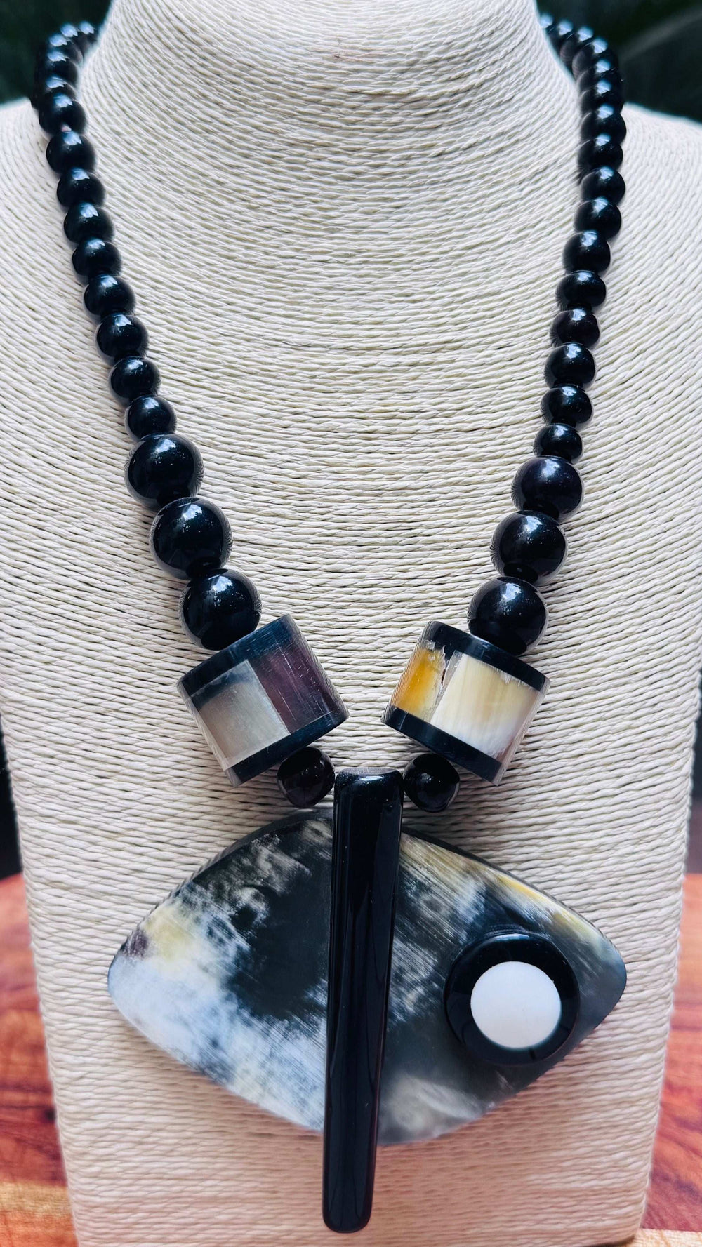 Tribal Statement Necklace with Horn Pendant & Wood Beads - Occean By Soumali