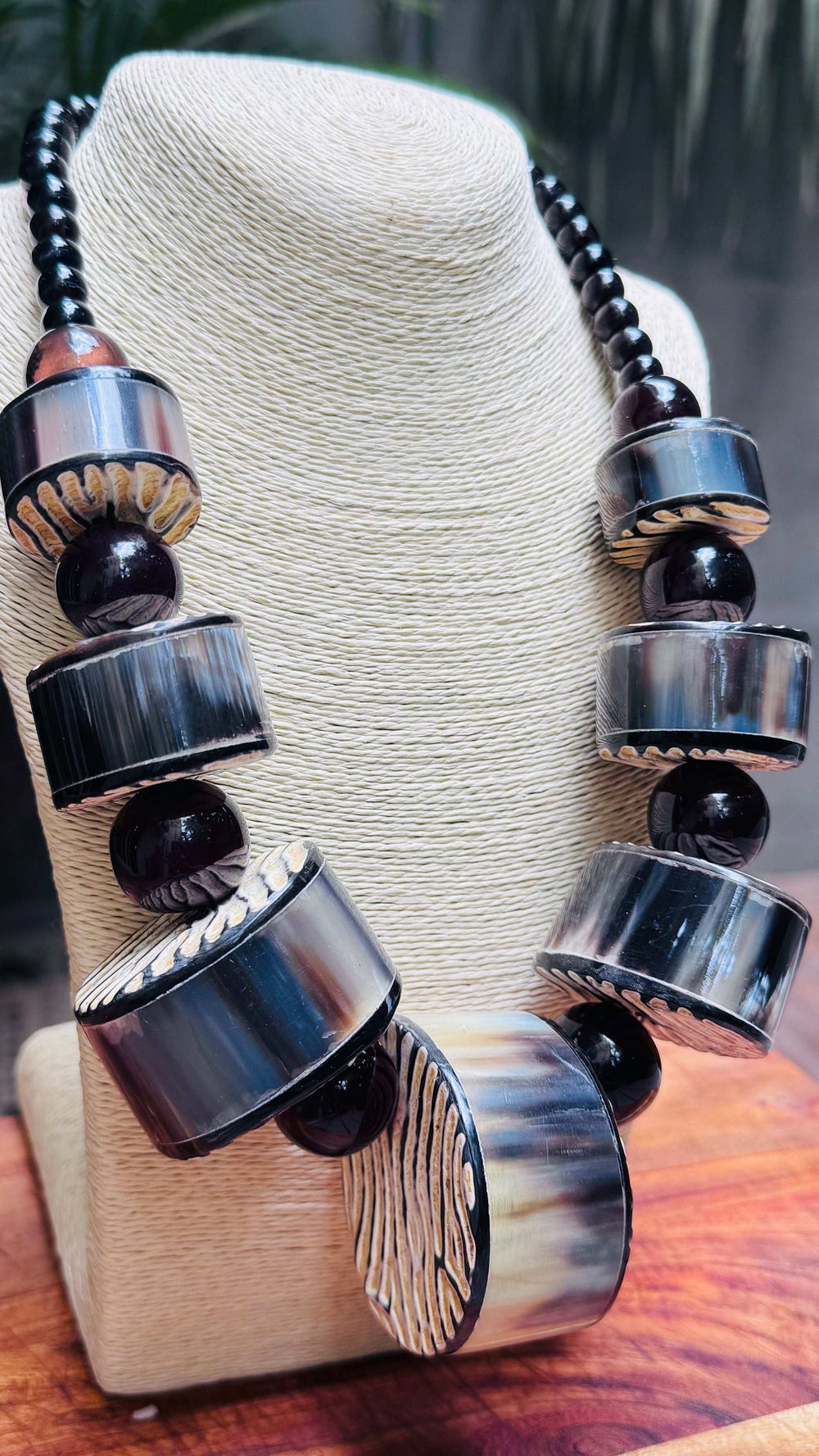 Tribal Statement Necklace with Horn and Wood Beads - Occean By Soumali