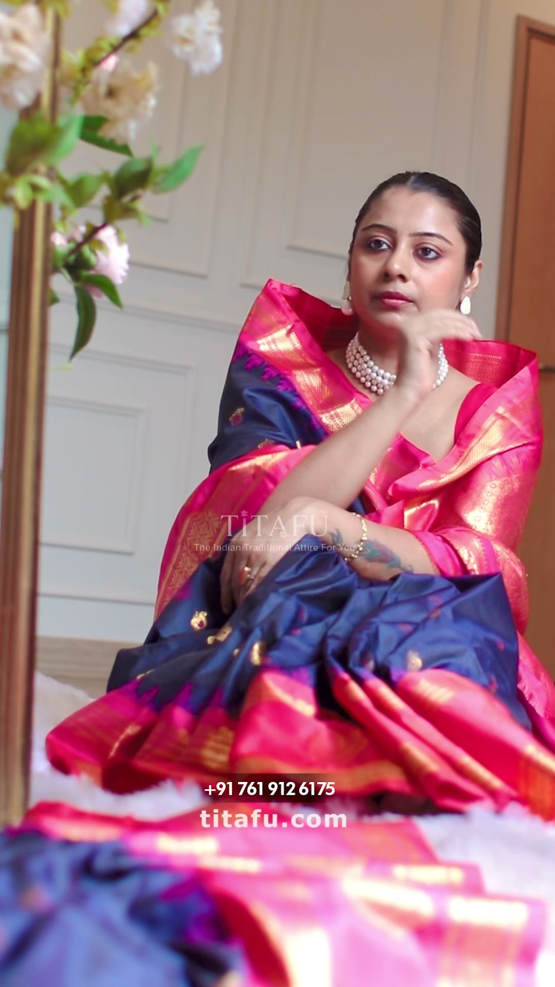 Royal Navy Blue & Rani Pink Semi Gadwal Silk Saree with Zari Pallu